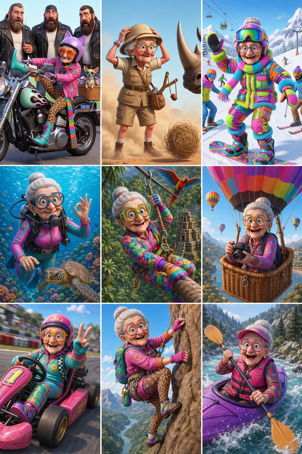 Super Granny adventures: motorcycle, rhino, snowboard, scuba, zipline, hot air balloon, go-kart, rock climbing, kayaking