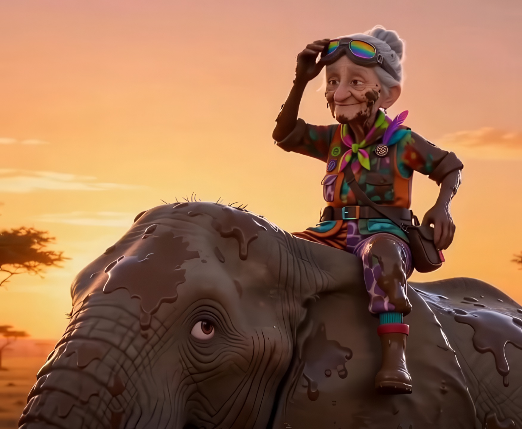 Super Granny riding an elephant at sunset