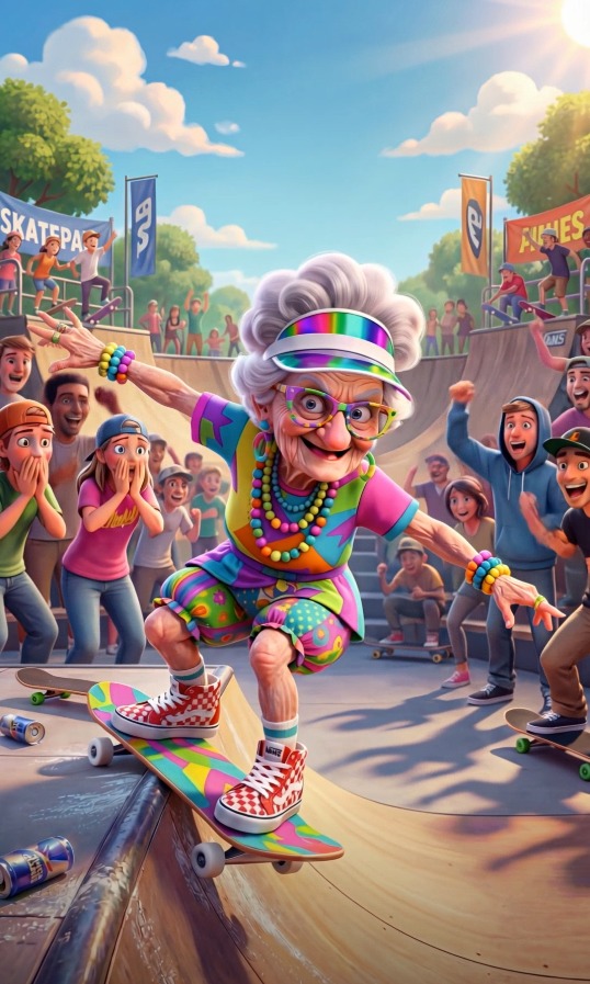 Super Granny skateboarding at a skate park while the crowd goes wild